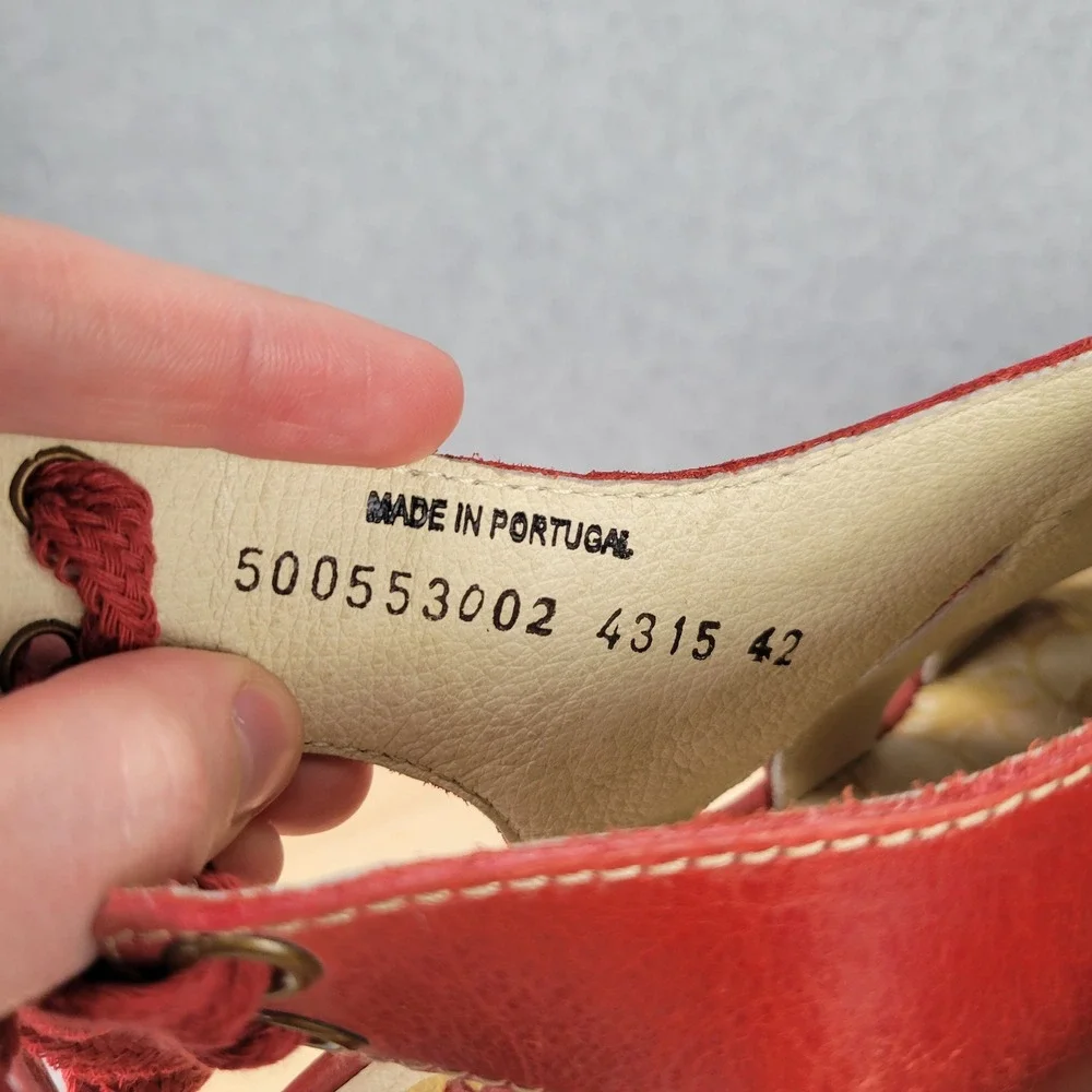 Fly London Yown Red Leather Lace Up Peep‎ Toe Wedge Sandals Portugal 42 US 11.5